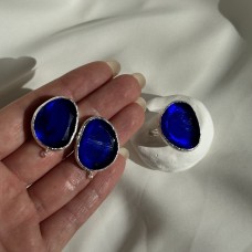 Швензы/кольцо с ювелирным стеклом "Темно-синий", посеребрение