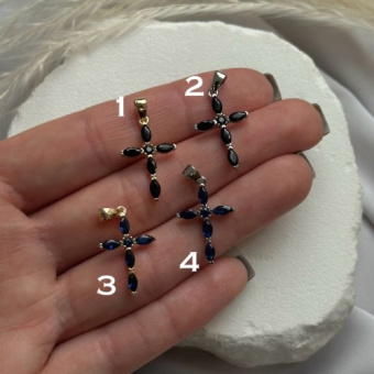 Подвеска "Крест с синими и черными циркониями", 20*15 мм, позолота/родирование