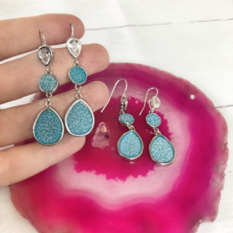 Серьги, друза кварца, посеребрение