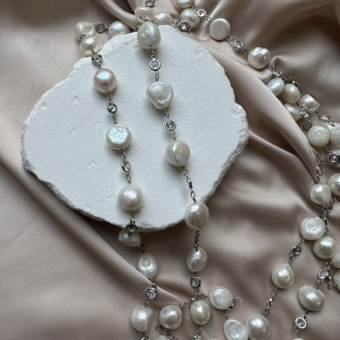 Цепь с жемчугом и циркониями, родирование, 10 см