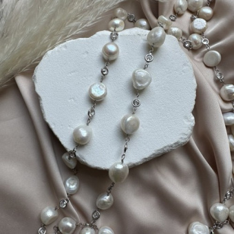 Цепь с жемчугом и циркониями, родирование, 10 см