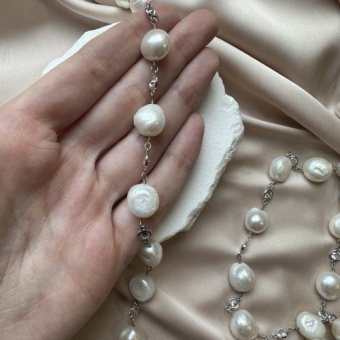 Цепь с жемчугом и циркониями, родирование, 10 см